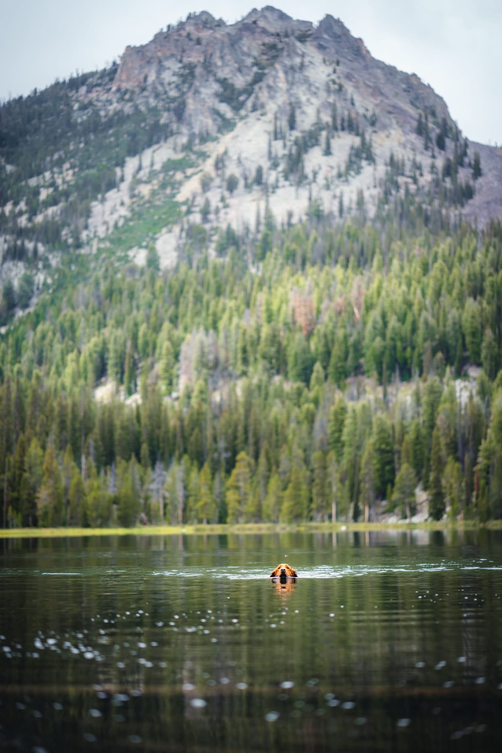 Calm alpine lake beneath a granite peak